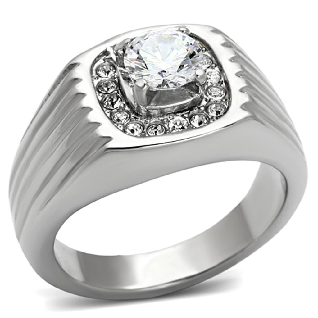 Men's stainless steel ring with clear cubic zirconia stones, high-polished finish, elegant design.