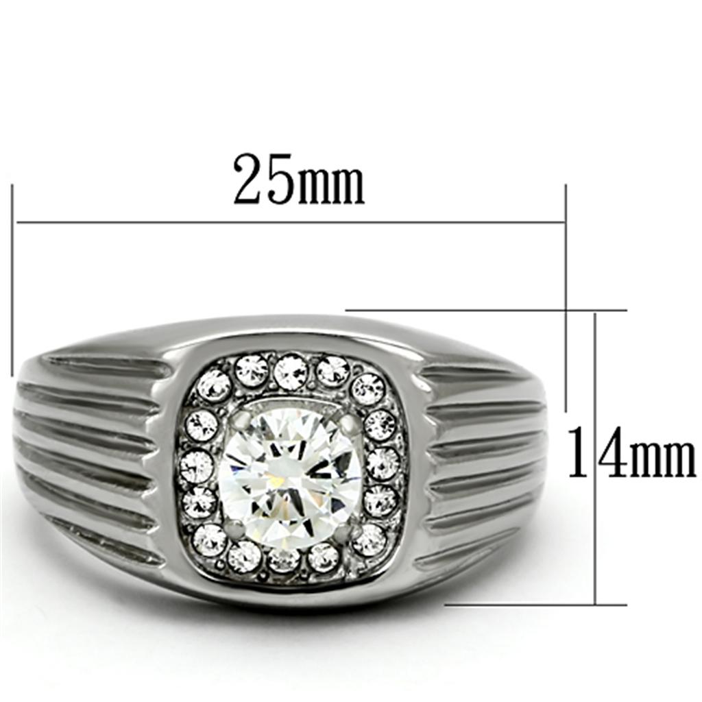 Men's stainless steel ring with clear cubic zirconia stones, high-polished finish, elegant design.