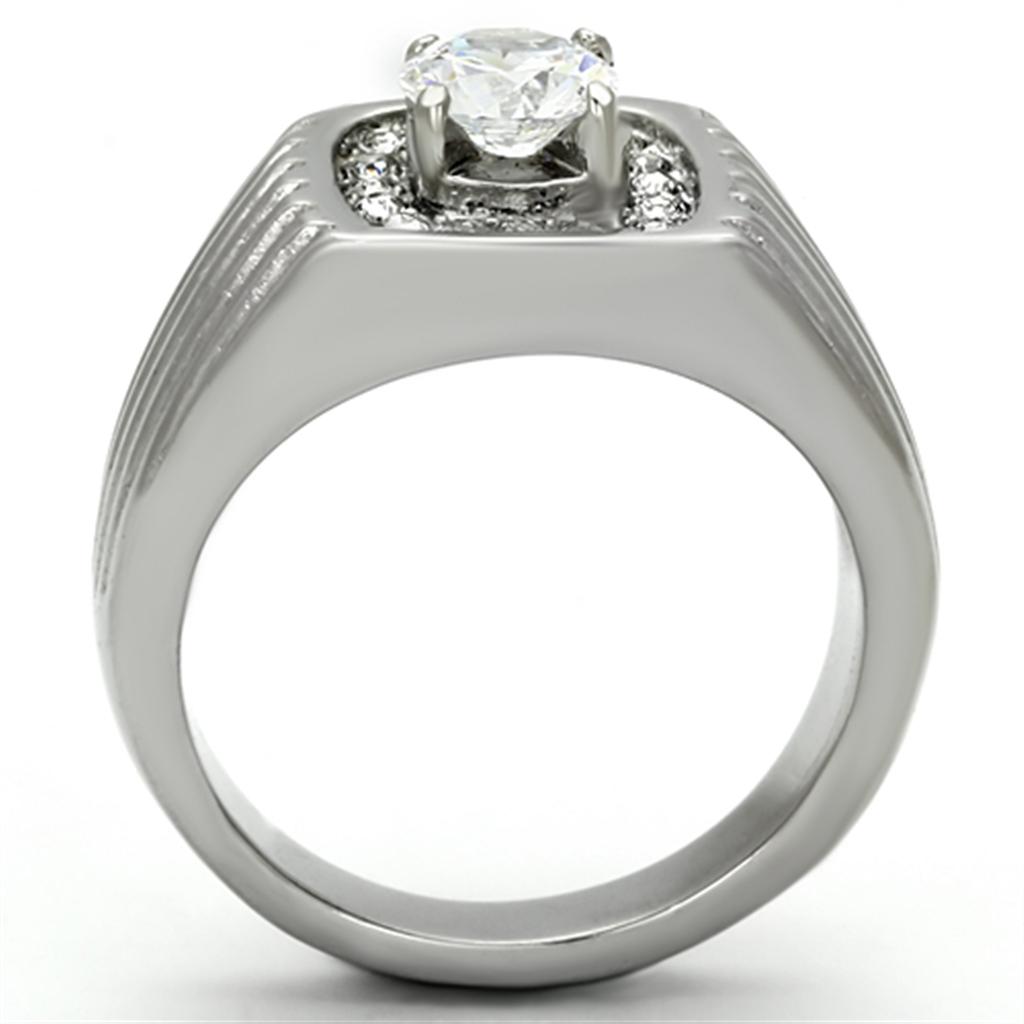 Men's stainless steel ring with clear cubic zirconia stones, high-polished finish, elegant design.