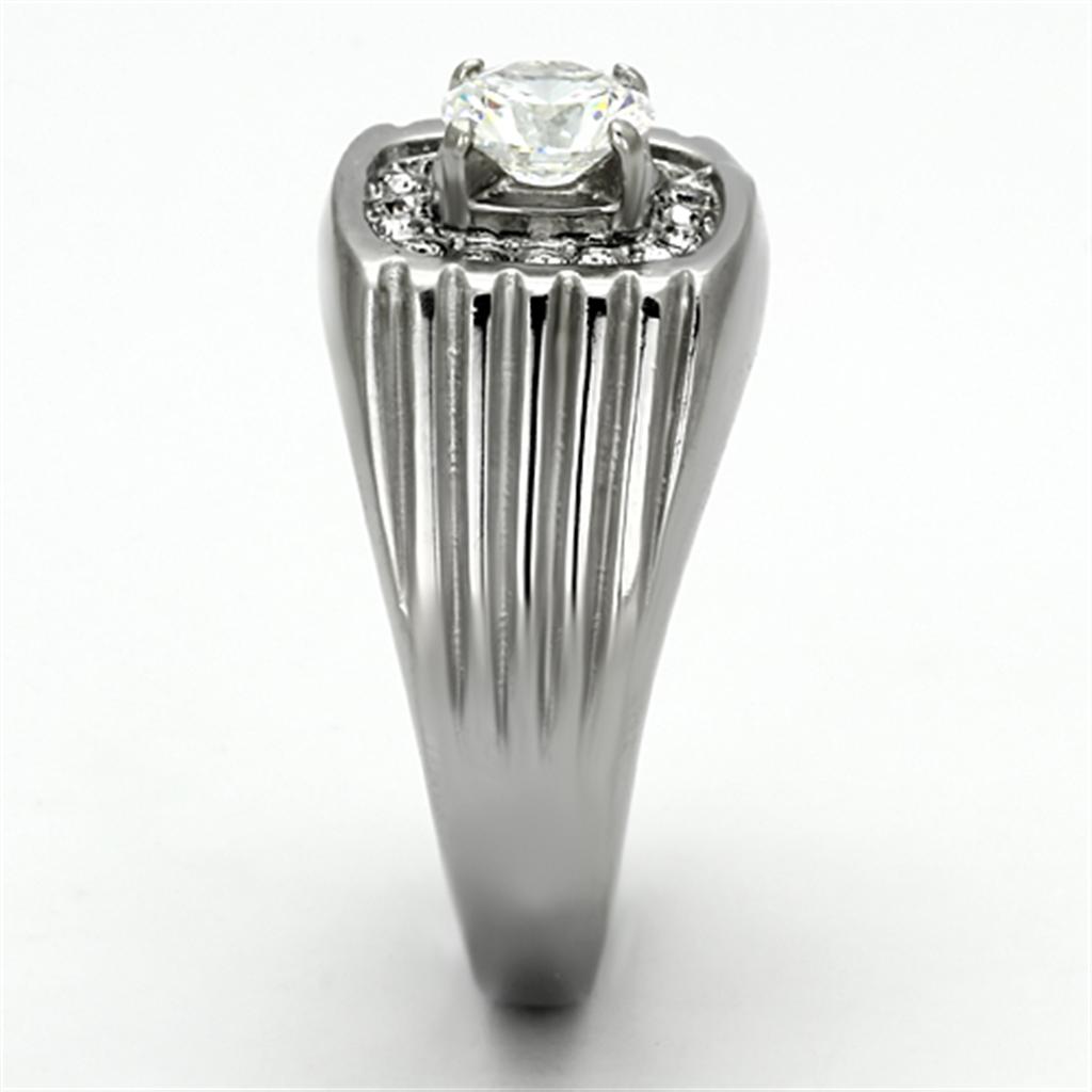 Men's stainless steel ring with clear cubic zirconia stones, high-polished finish, elegant design.