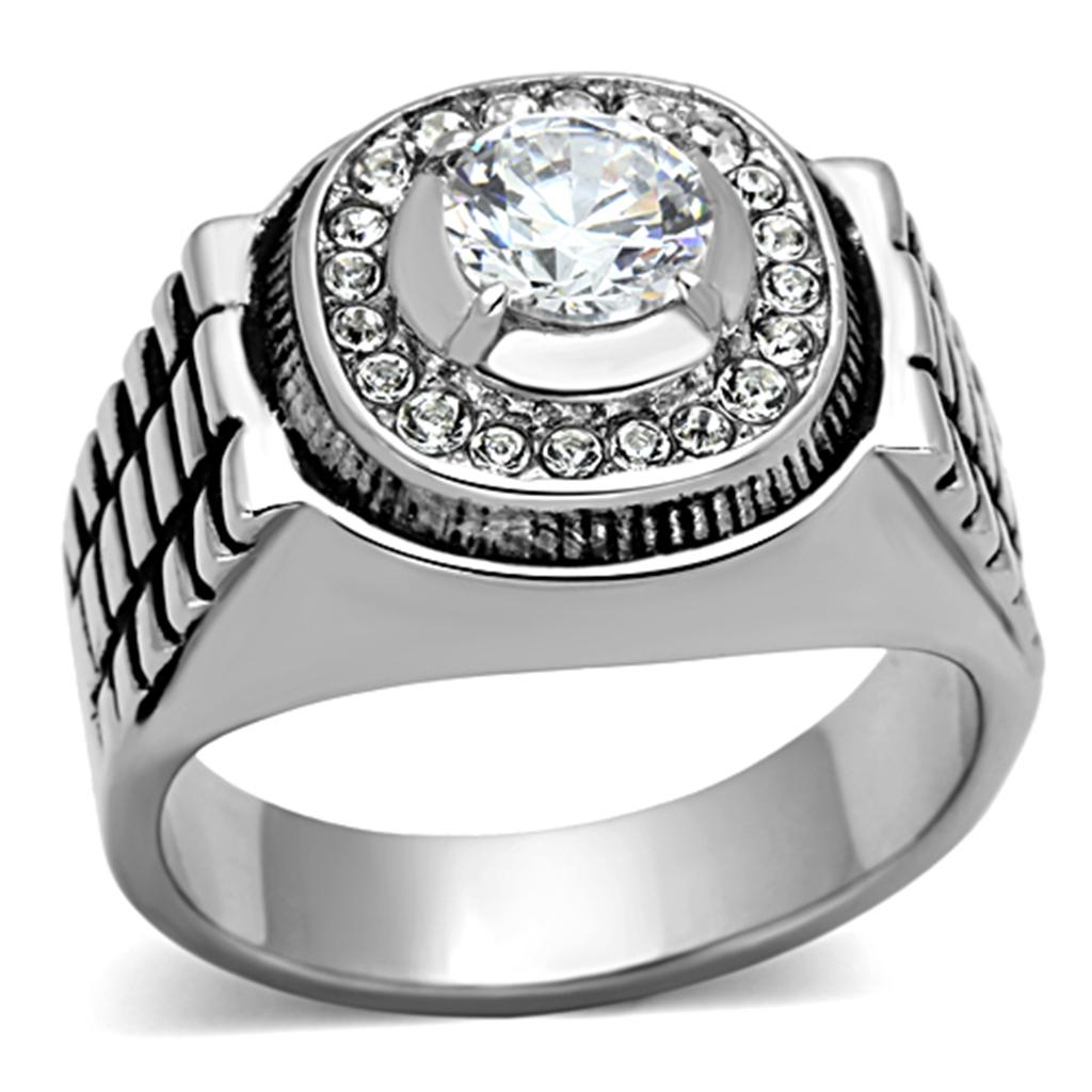 Men's stainless steel ring featuring clear round cubic zirconia stones with a high-polished finish.