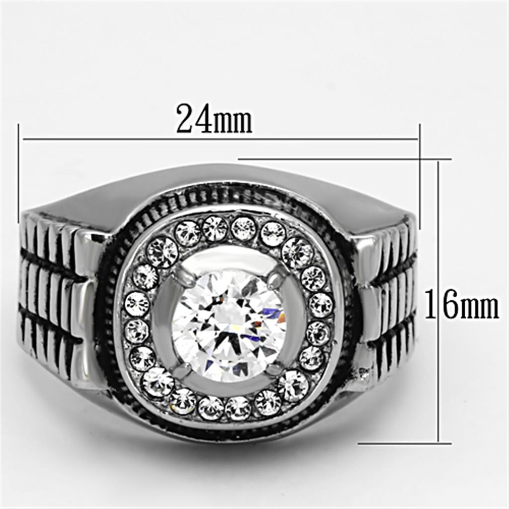 Men's stainless steel ring featuring clear round cubic zirconia stones with a high-polished finish.