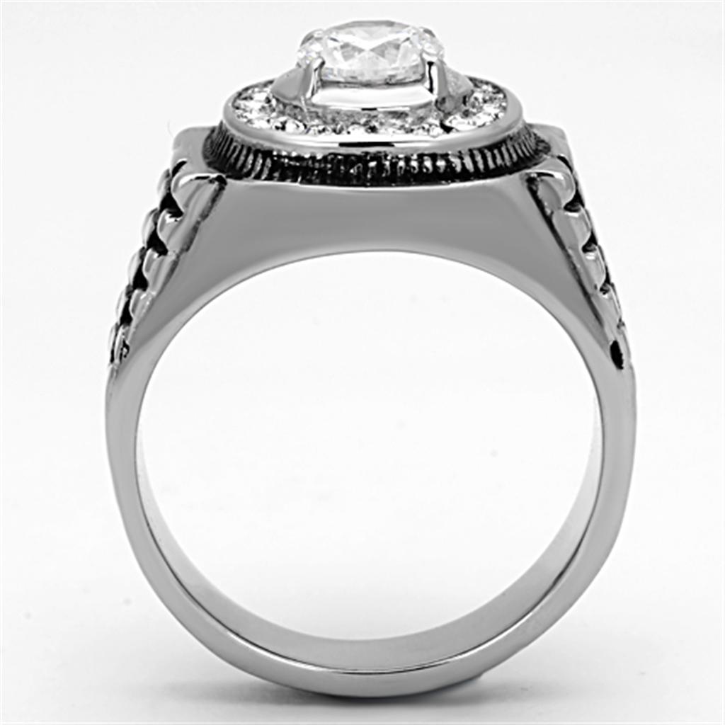 Men's stainless steel ring featuring clear round cubic zirconia stones with a high-polished finish.