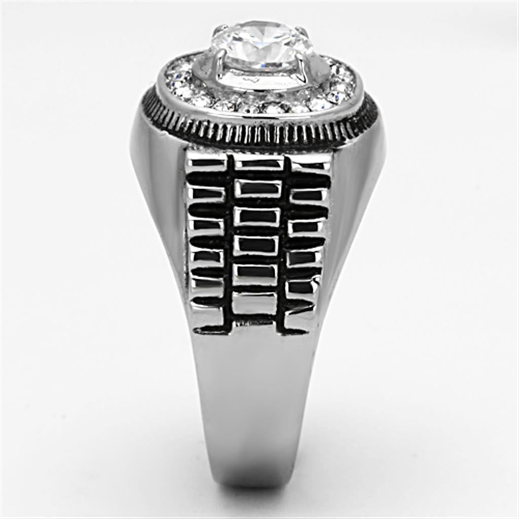 Men's stainless steel ring featuring clear round cubic zirconia stones with a high-polished finish.