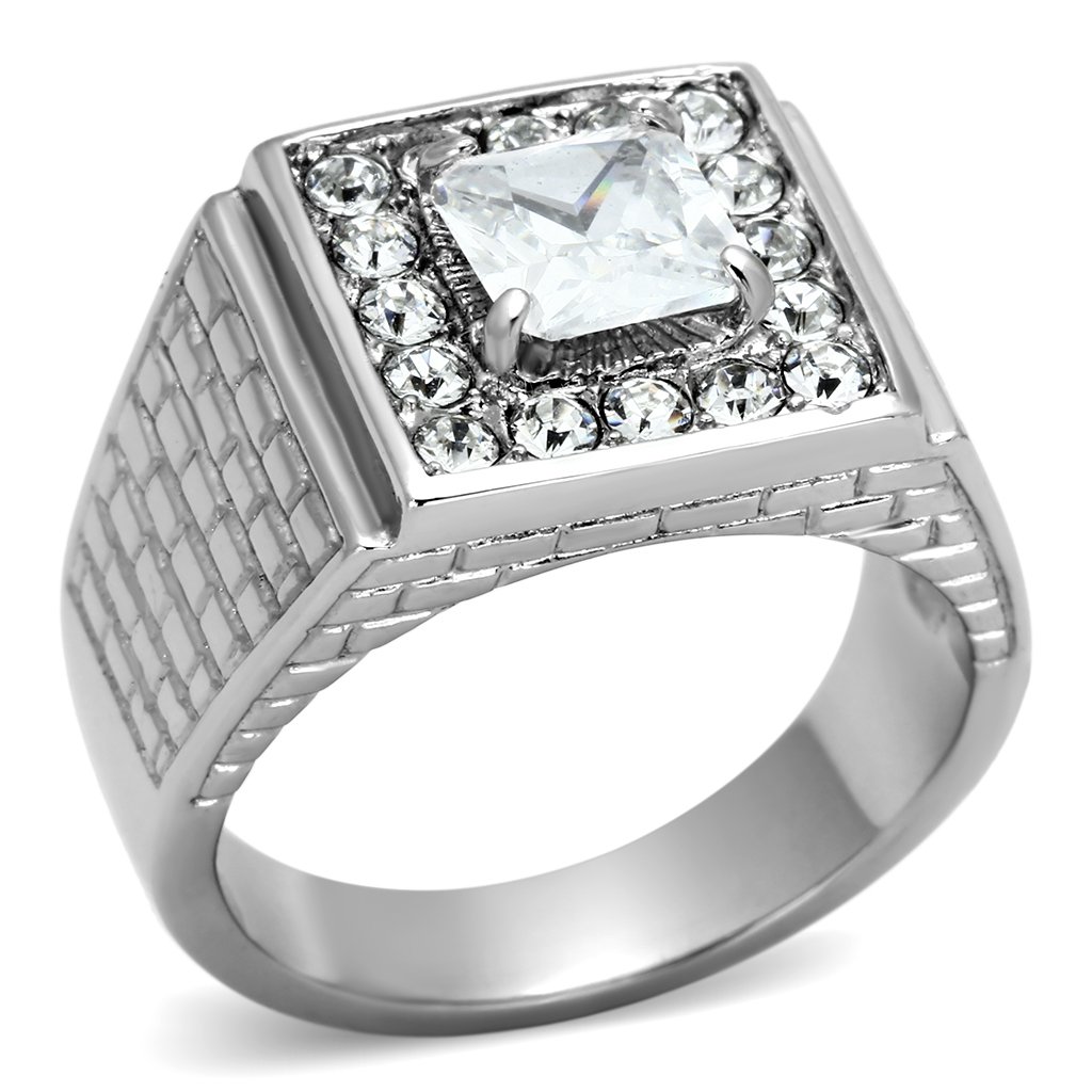 Men's stainless steel ring featuring clear cubic zirconia stones, high polished finish, stylish and durable design.