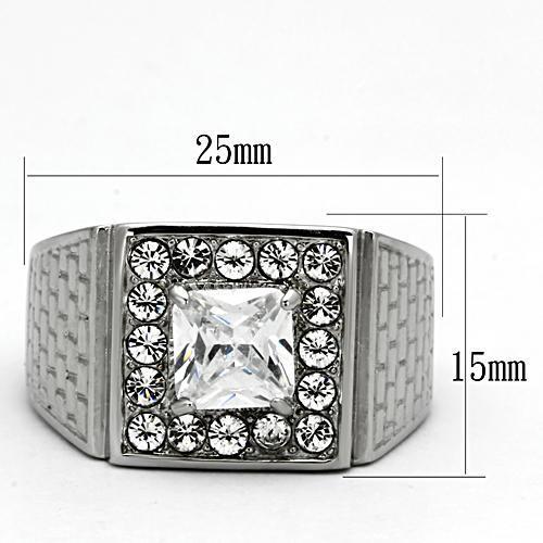 Men's stainless steel ring featuring clear cubic zirconia stones, high polished finish, stylish and durable design.