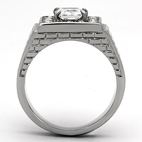 Men's stainless steel ring featuring clear cubic zirconia stones, high polished finish, stylish and durable design.