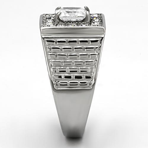 Men's stainless steel ring featuring clear cubic zirconia stones, high polished finish, stylish and durable design.