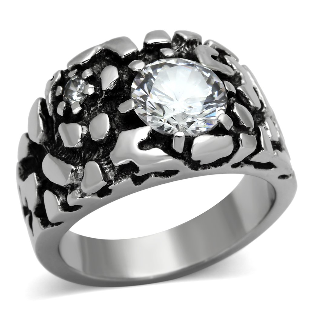 Men's stainless steel ring featuring clear cubic zirconia stones, high polished finish, elegant and durable design.