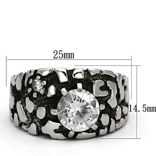 Men's stainless steel ring featuring clear cubic zirconia stones, high polished finish, elegant and durable design.