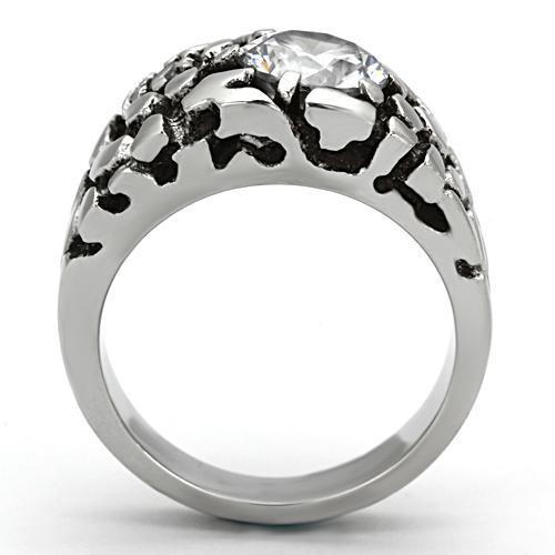 Men's stainless steel ring featuring clear cubic zirconia stones, high polished finish, elegant and durable design.