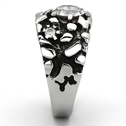 Men's stainless steel ring featuring clear cubic zirconia stones, high polished finish, elegant and durable design.