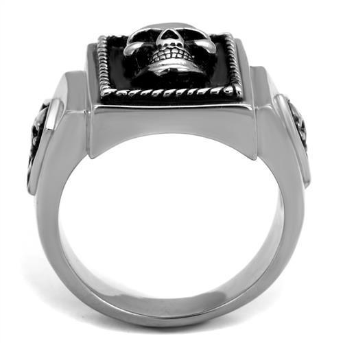 Men's stainless steel ring with high polish and jet epoxy inlay, showcasing a modern design.