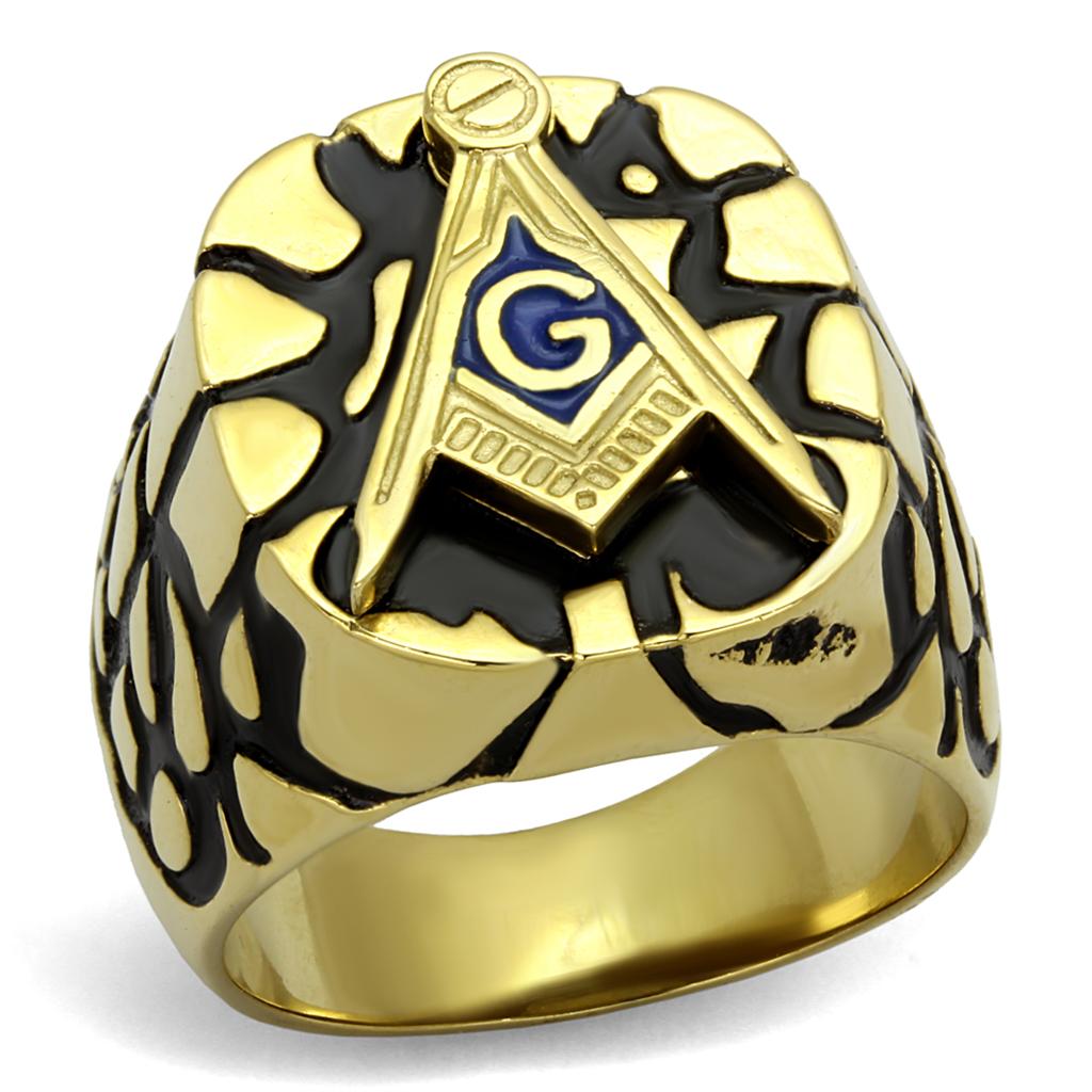 Men's stainless steel ring with Capri Blue epoxy finish and IP gold plating.