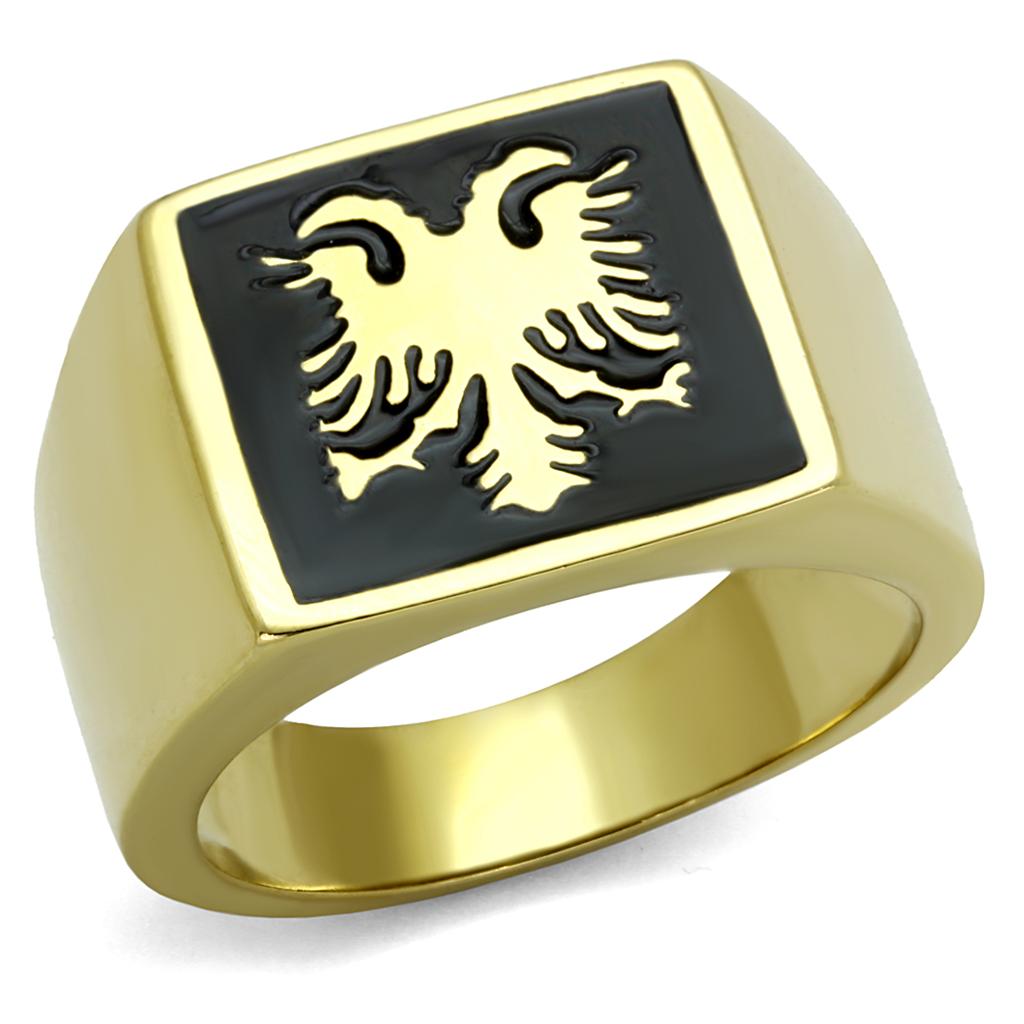 Men's stainless steel ring with jet epoxy finish and IP gold ion plating, showcasing a modern and stylish design.