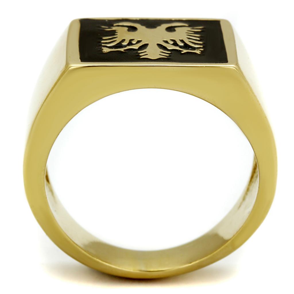 Men's stainless steel ring with jet epoxy finish and IP gold ion plating, showcasing a modern and stylish design.