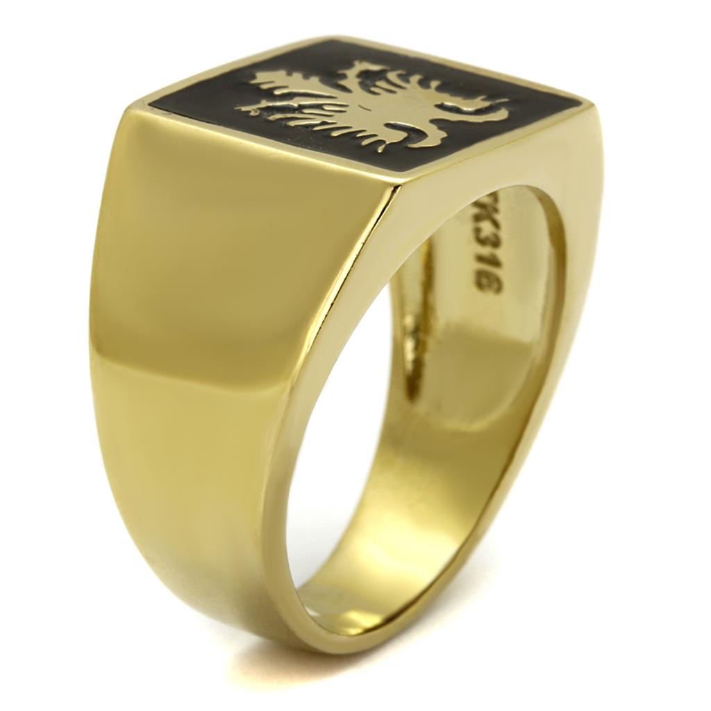 Men's stainless steel ring with jet epoxy finish and IP gold ion plating, showcasing a modern and stylish design.