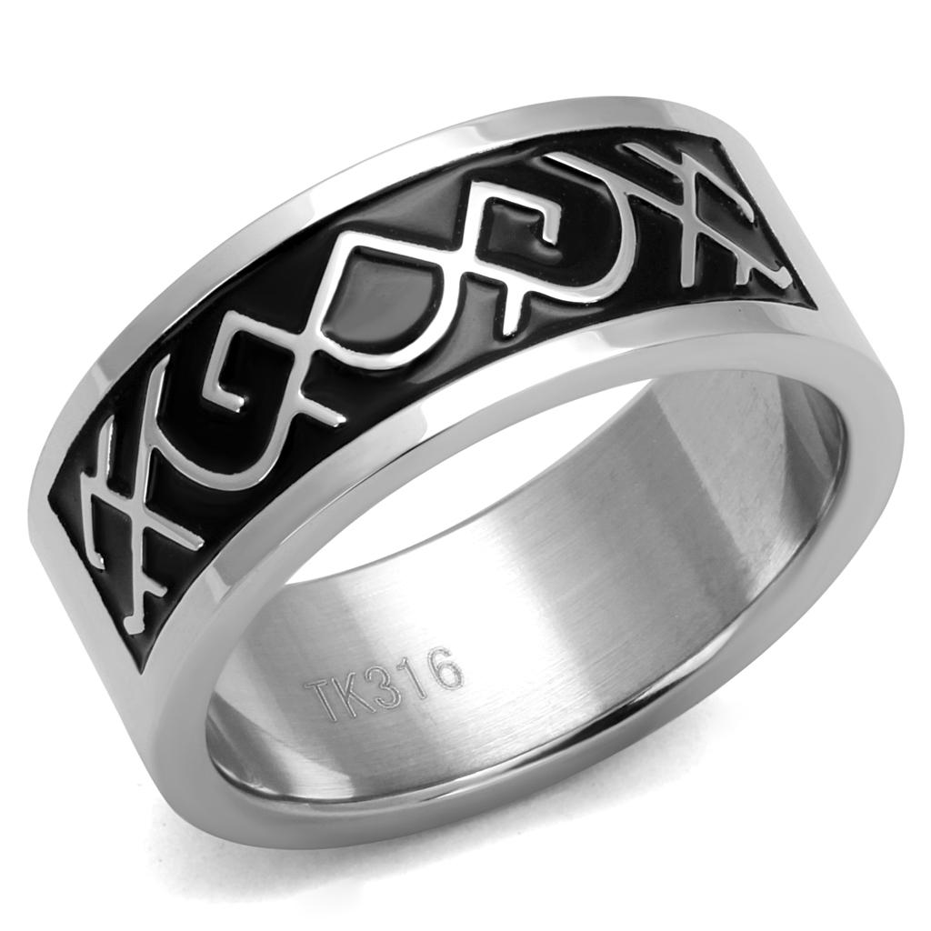 Men's stainless steel ring with high-polished finish and jet epoxy inlay, showcasing modern design and durability.