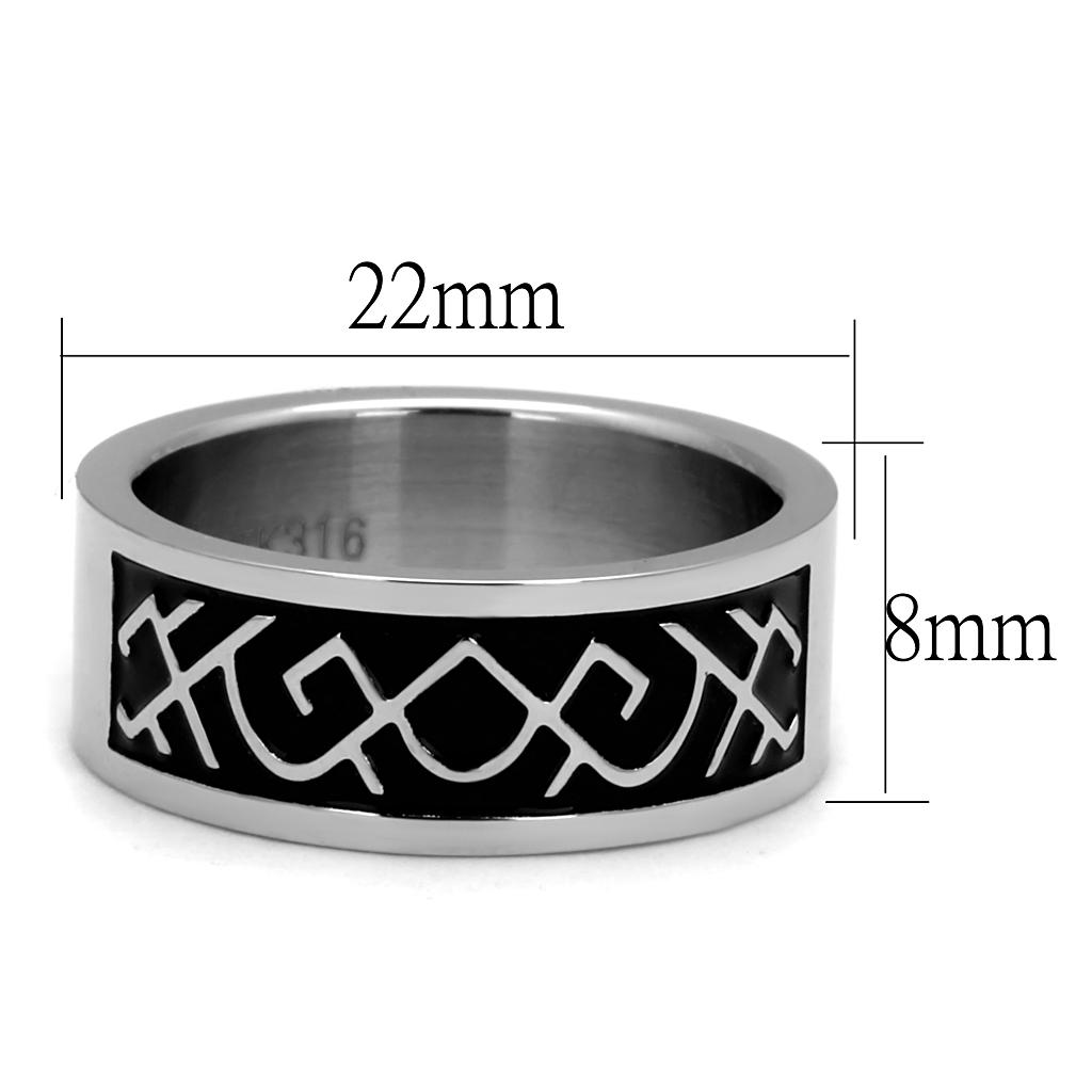 Men's stainless steel ring with high-polished finish and jet epoxy inlay, showcasing modern design and durability.