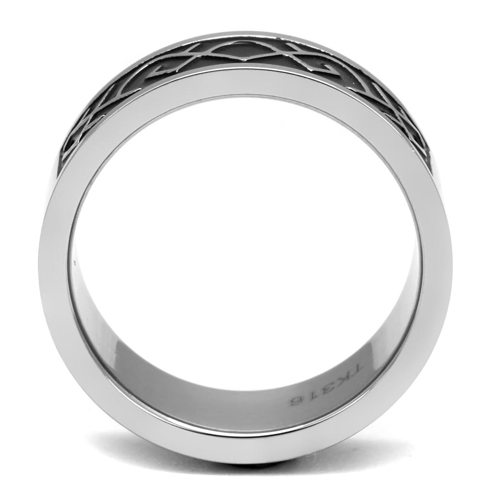 Men's stainless steel ring with high-polished finish and jet epoxy inlay, showcasing modern design and durability.