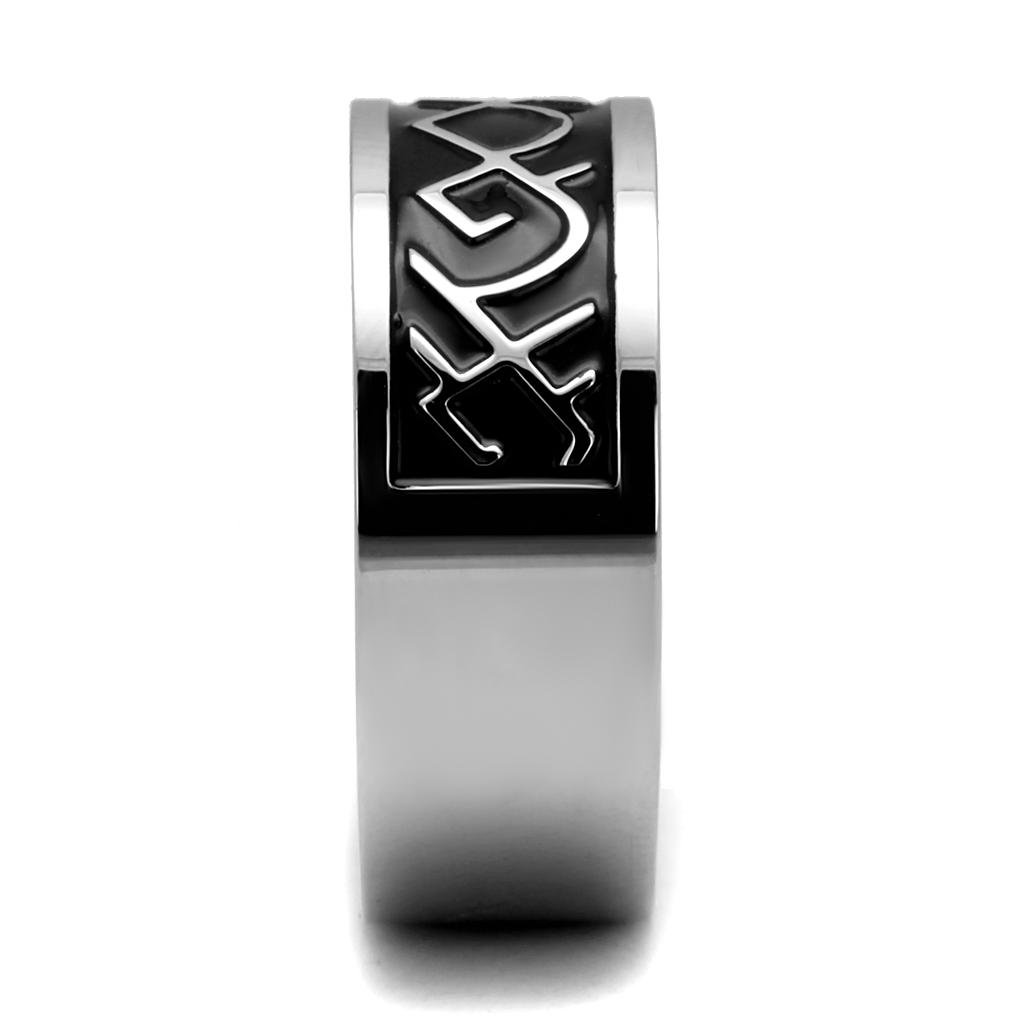 Men's stainless steel ring with high-polished finish and jet epoxy inlay, showcasing modern design and durability.