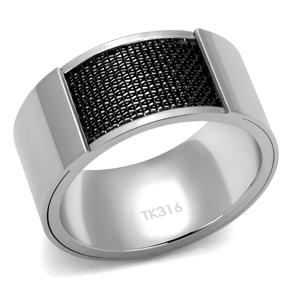 Men's stainless steel epoxy ring with high polish and jet black inlay, showcasing a modern and elegant design.