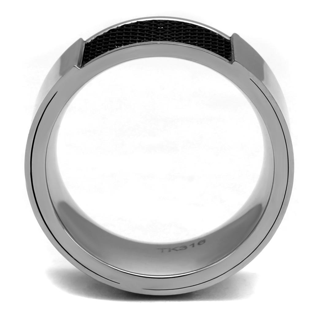 Men's stainless steel epoxy ring with high polish and jet black inlay, showcasing a modern and elegant design.