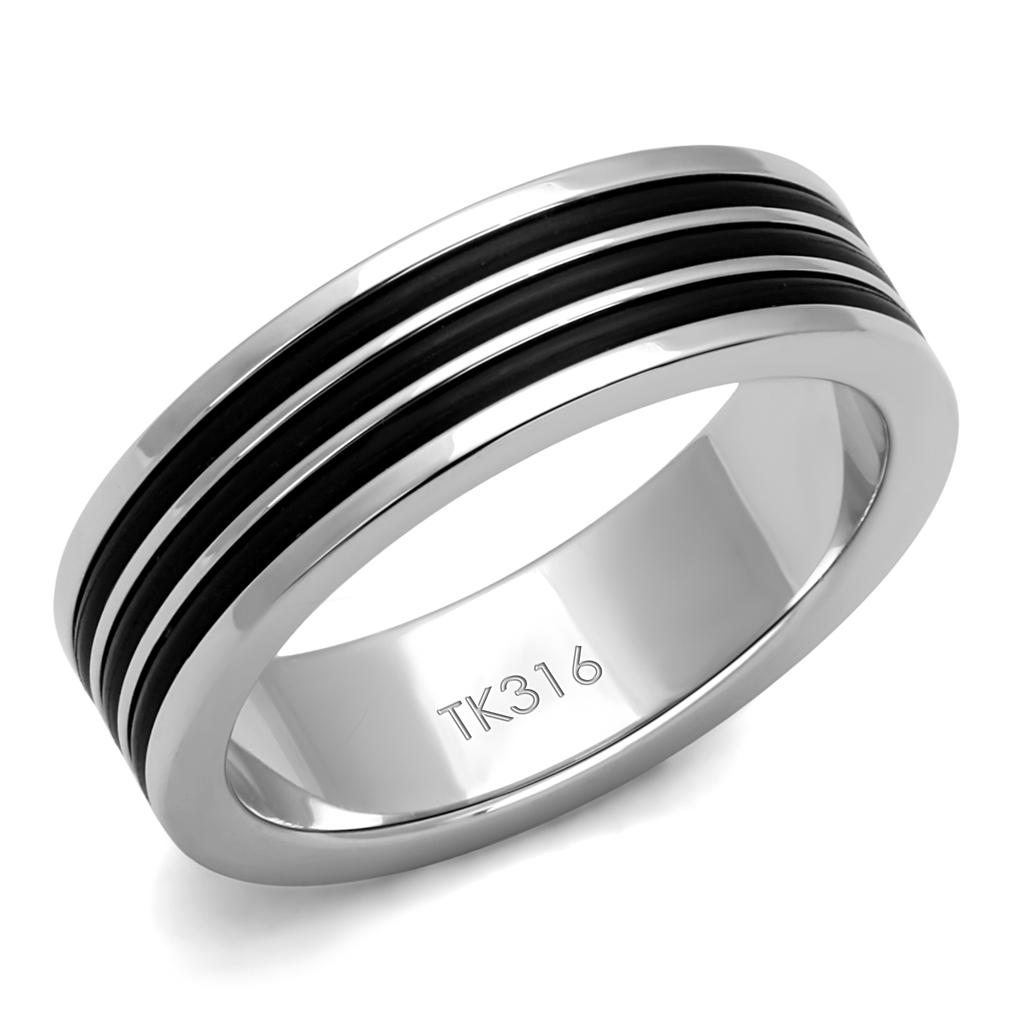 Men's stainless steel epoxy ring with high-polished finish and jet epoxy design, showcasing modern elegance.