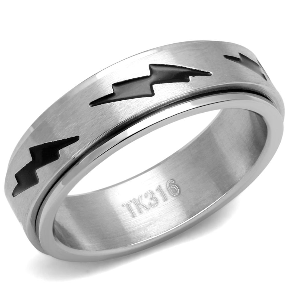 Men's stainless steel ring with high-polished finish and jet epoxy inlay, showcasing a modern and stylish design.