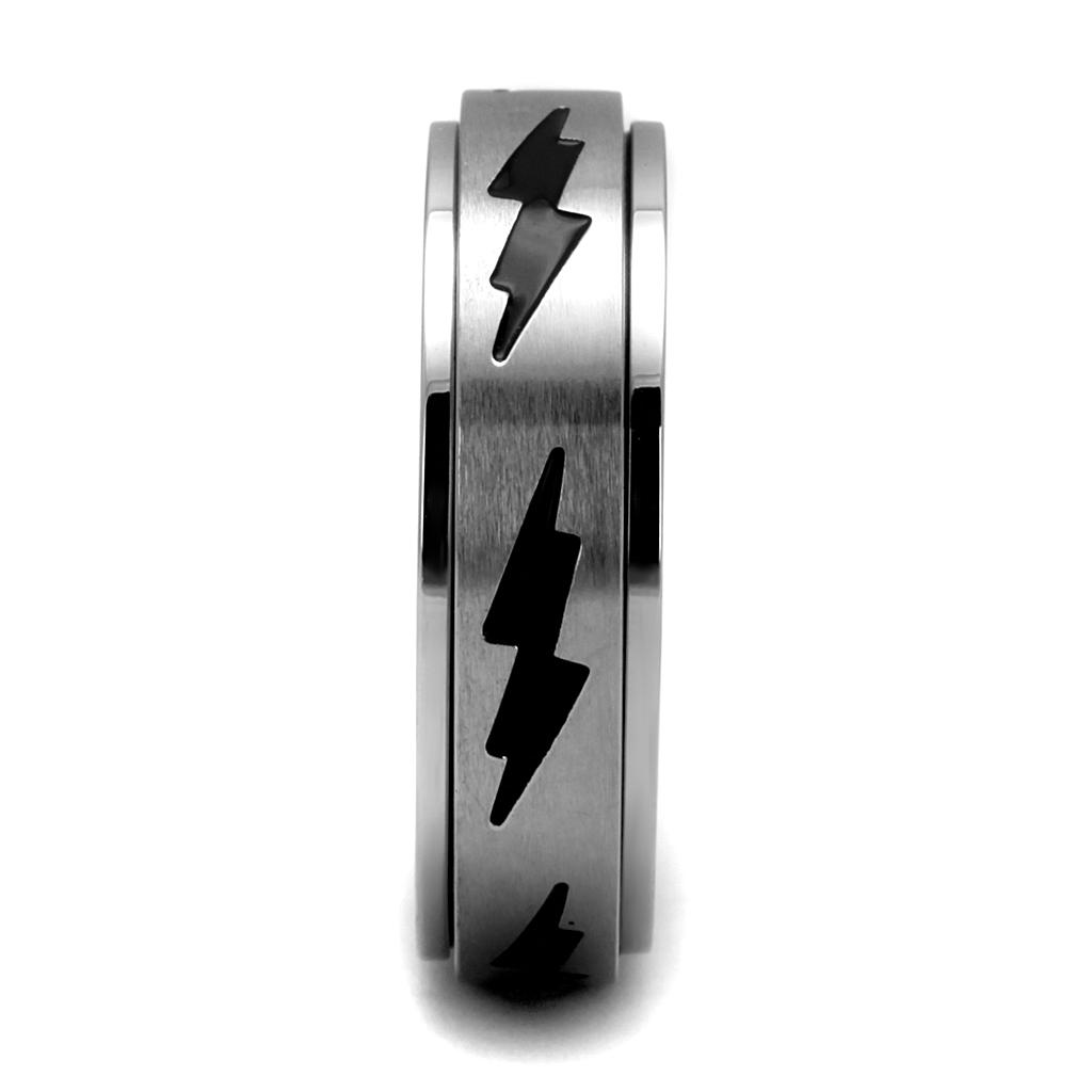 Men's stainless steel ring with high-polished finish and jet epoxy inlay, showcasing a modern and stylish design.