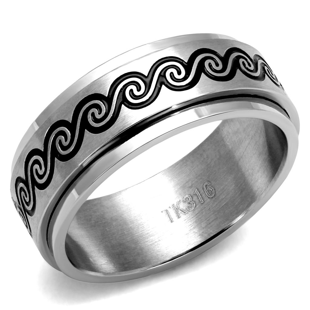 Men's stainless steel epoxy ring with high-polished finish and jet epoxy inlay, showcasing modern design and durability.