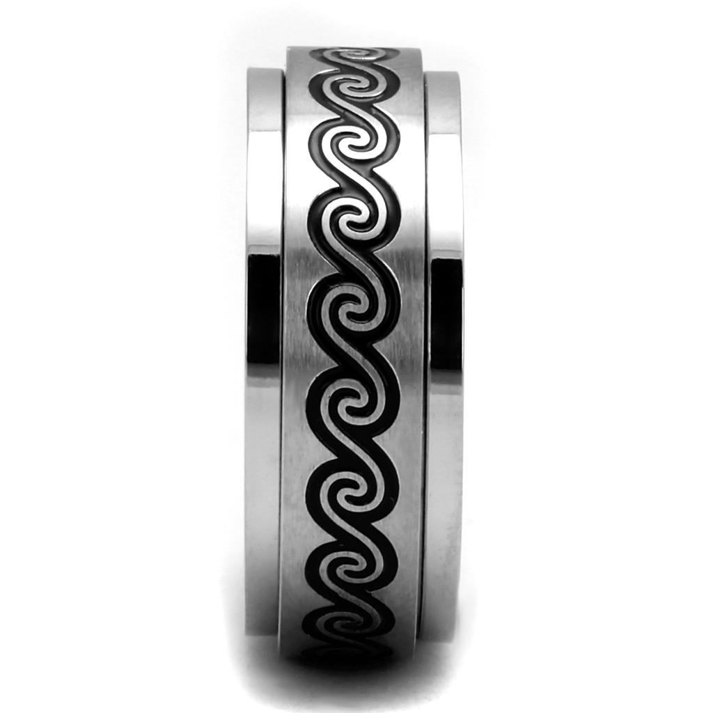 Men's stainless steel epoxy ring with high-polished finish and jet epoxy inlay, showcasing modern design and durability.