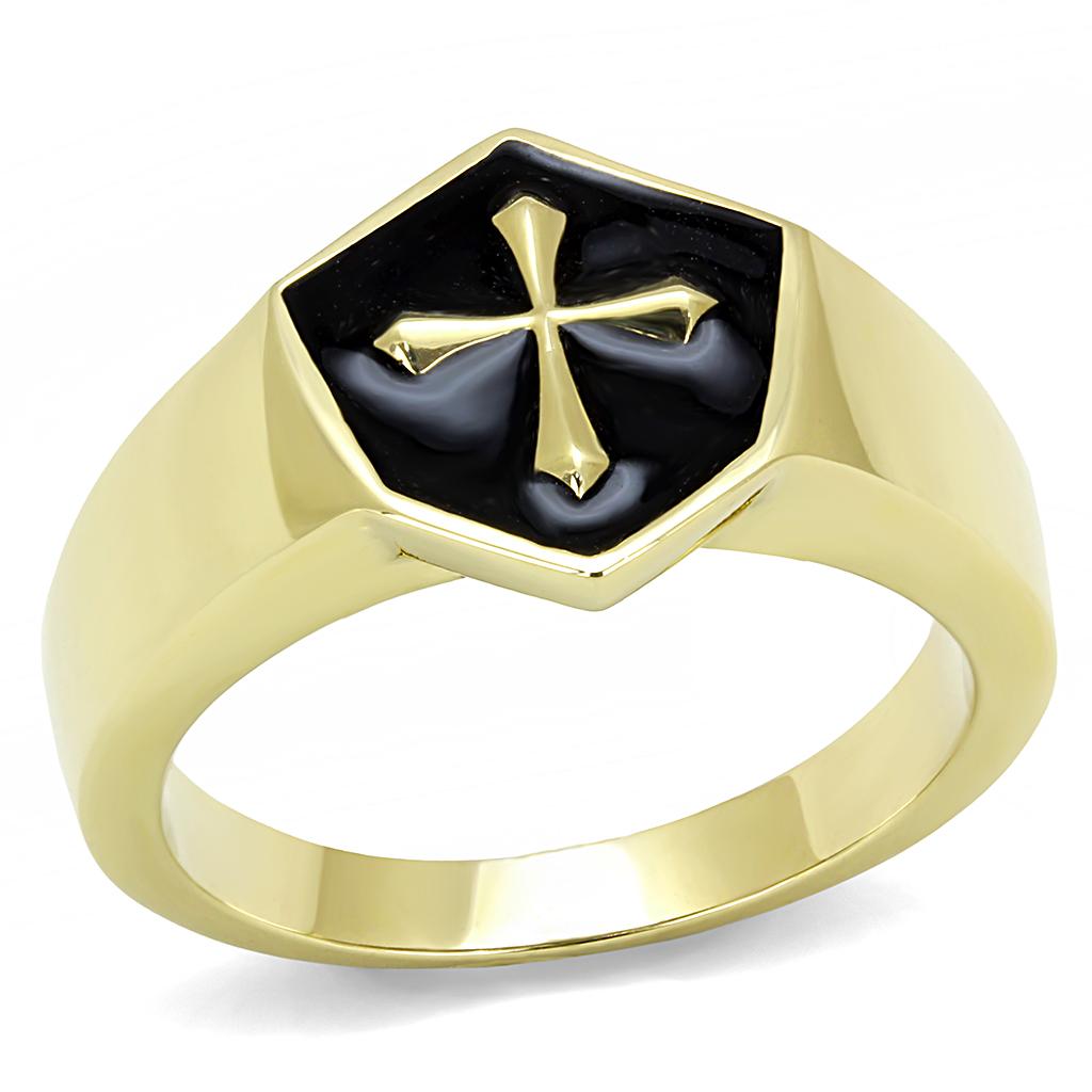 Men's stainless steel ring with jet epoxy finish and IP gold ion plating, showcasing a modern and stylish design.