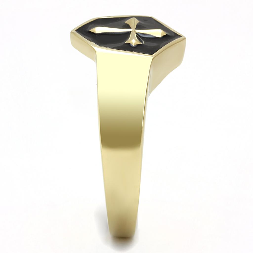 Men's stainless steel ring with jet epoxy finish and IP gold ion plating, showcasing a modern and stylish design.