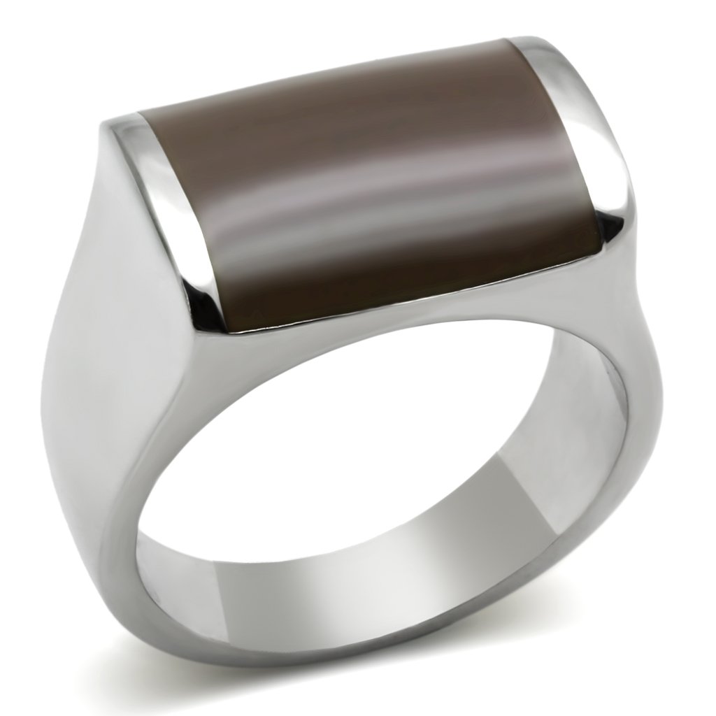 Men's stainless steel ring with brown epoxy inlay, high-polished finish, stylish and durable design.