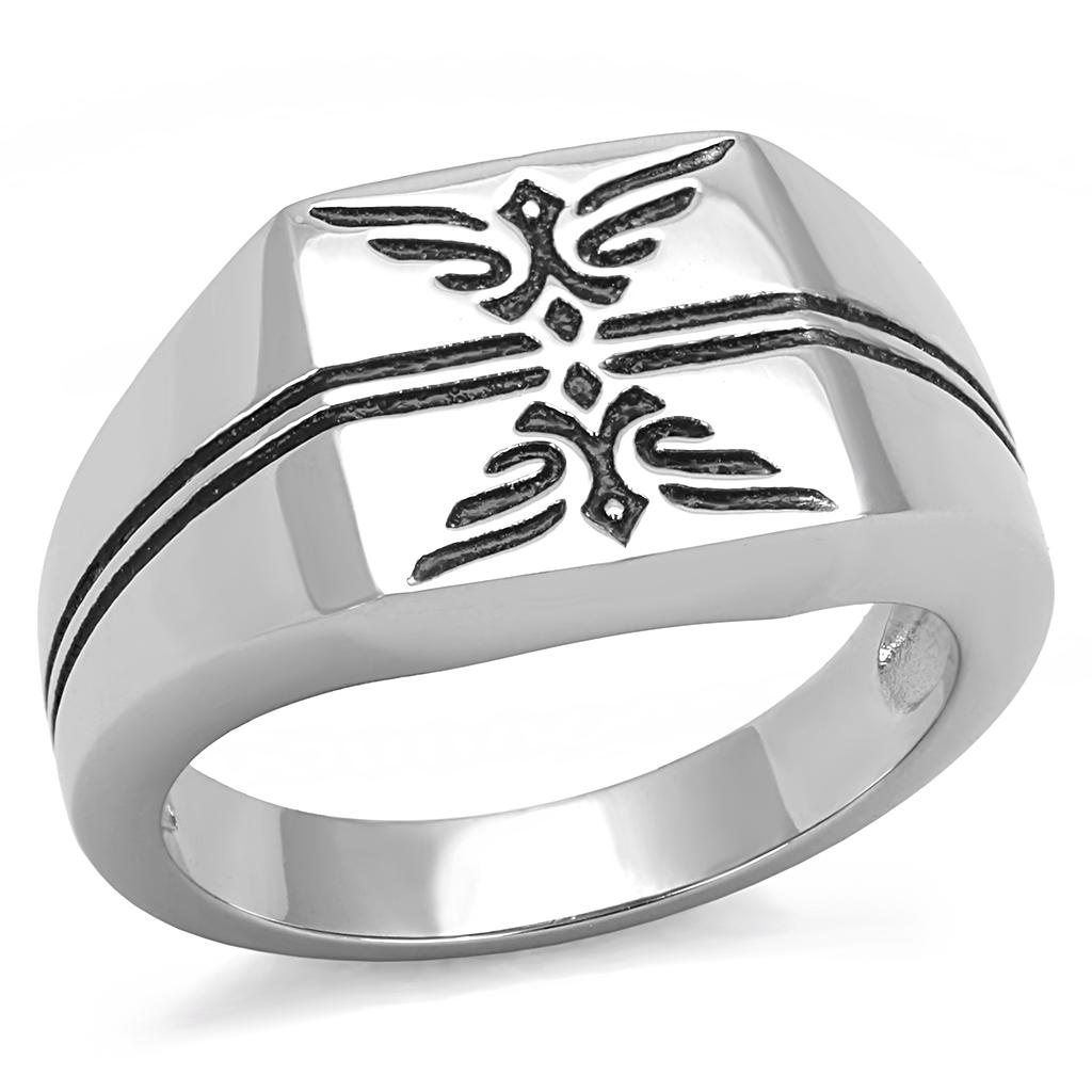 Men's stainless steel ring with high-polished finish and jet epoxy inlay, showcasing modern design and elegance.