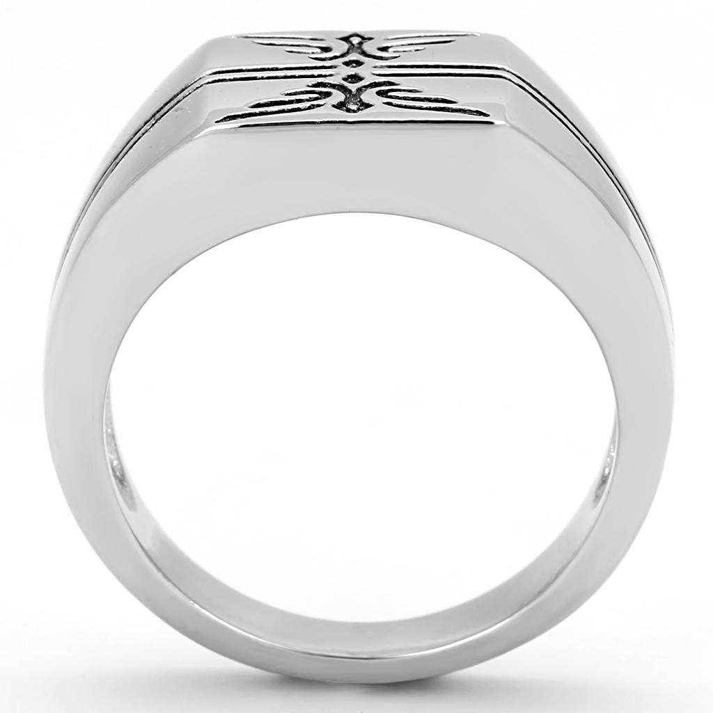 Men's stainless steel ring with high-polished finish and jet epoxy inlay, showcasing modern design and elegance.