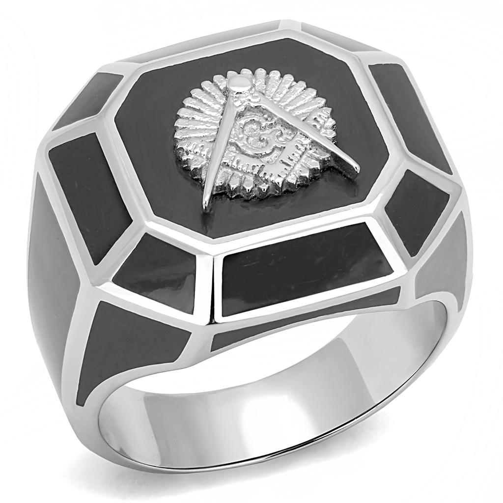 Men's stainless steel ring with high-polished finish and jet epoxy inlay, showcasing a modern and stylish design.