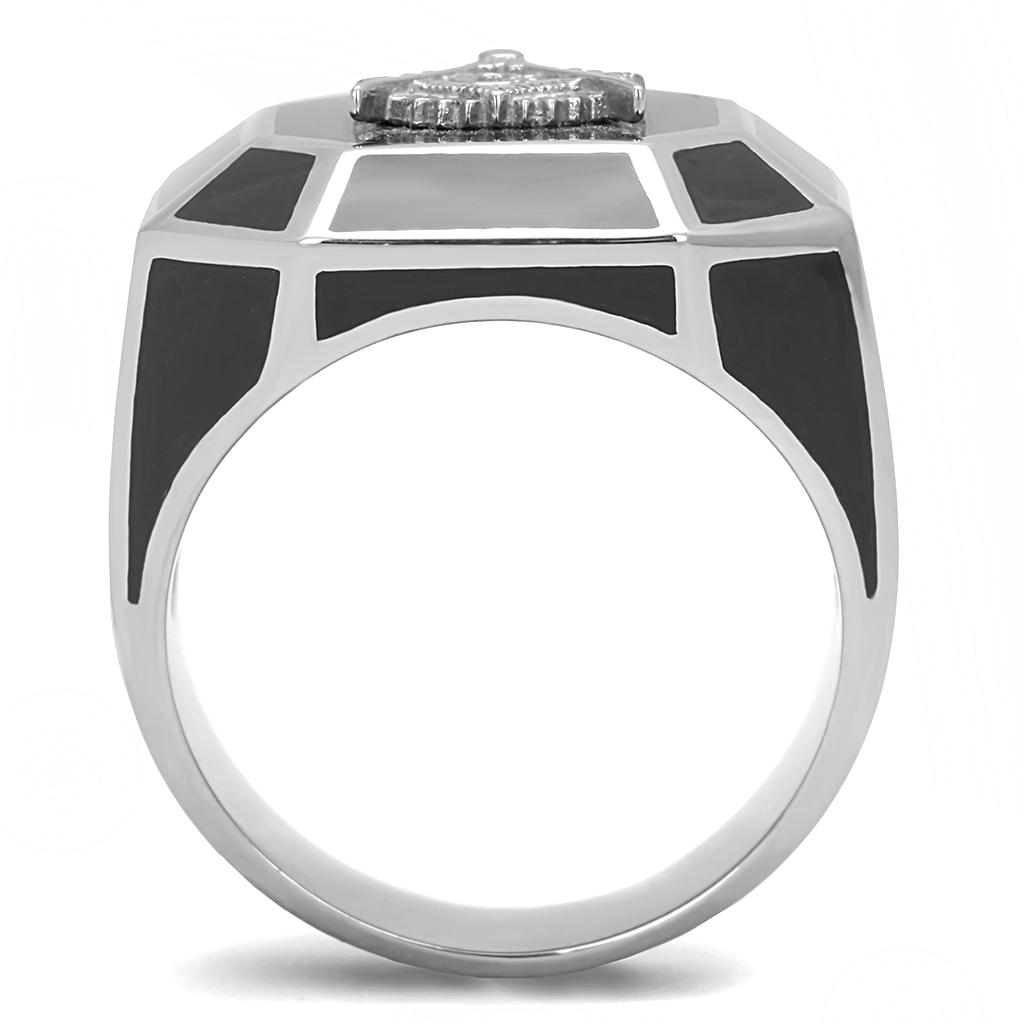 Men's stainless steel ring with high-polished finish and jet epoxy inlay, showcasing a modern and stylish design.