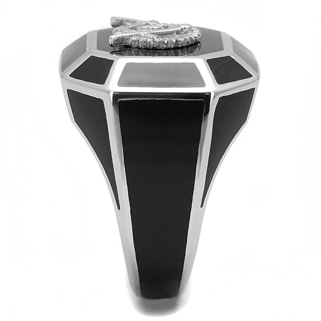 Men's stainless steel ring with high-polished finish and jet epoxy inlay, showcasing a modern and stylish design.