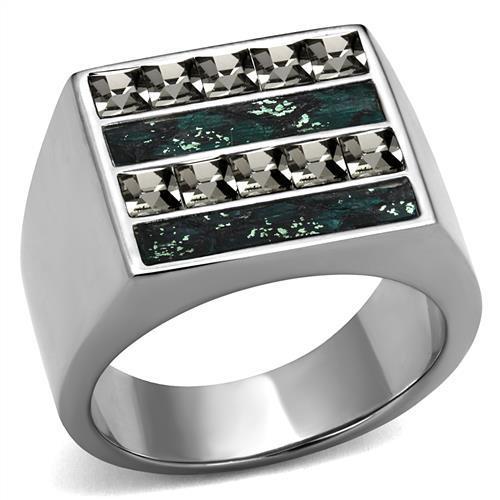 Men's stainless steel ring with leather inlay, high polished finish, stylish and durable design.