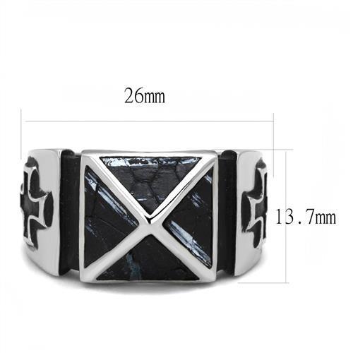 Men's stainless steel ring with leather accents, high-polished finish, stylish and durable design.