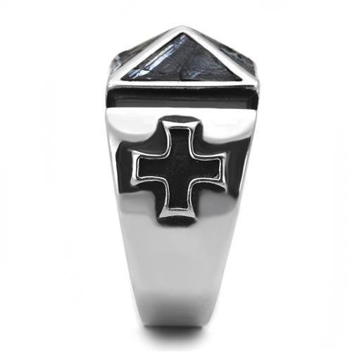 Men's stainless steel ring with leather accents, high-polished finish, stylish and durable design.