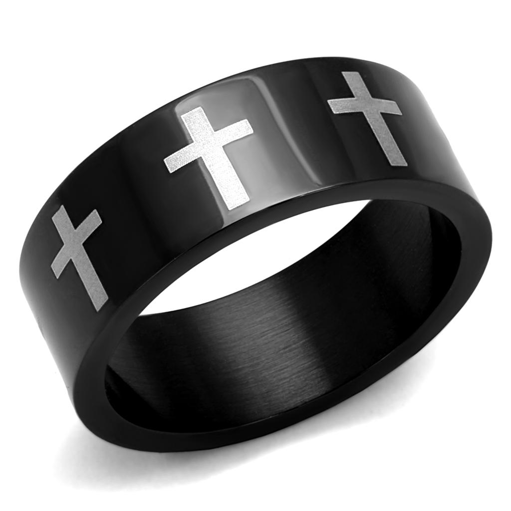 Men's stainless steel no stone ring with two-tone black ion plating, showcasing a sleek and minimalist design.