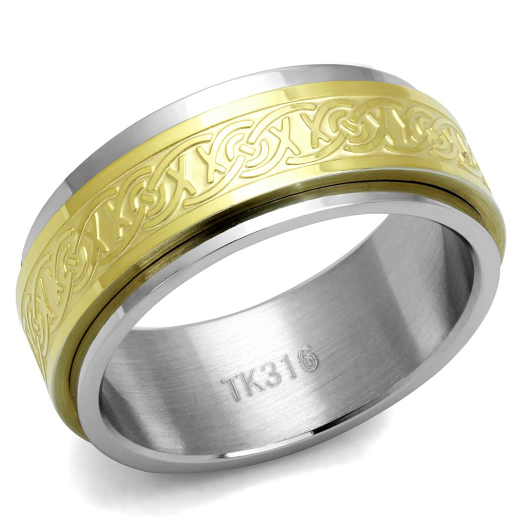 Men's stainless steel ring with two-tone IP gold finish, featuring a sleek no stone design.