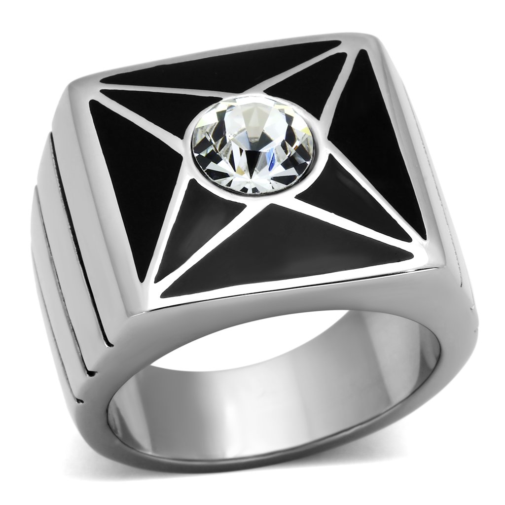 Men's stainless steel ring with clear synthetic crystal, high-polished finish, elegant design.