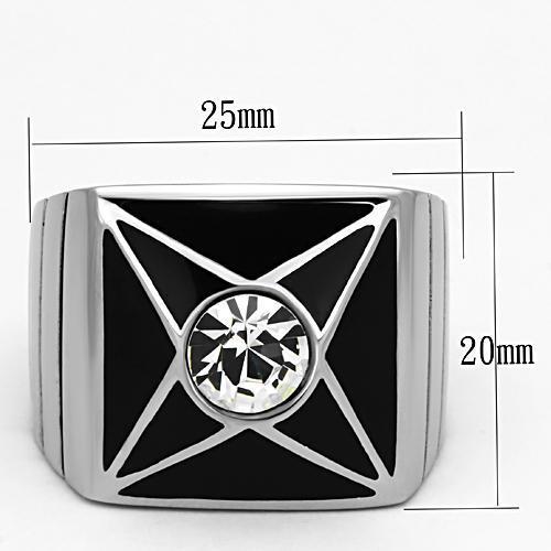 Men's stainless steel ring with clear synthetic crystal, high-polished finish, elegant design.