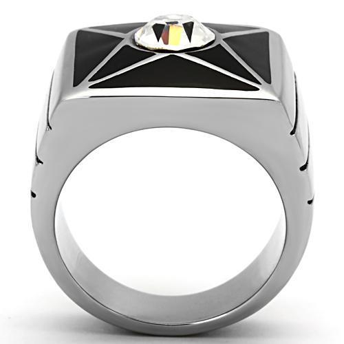 Men's stainless steel ring with clear synthetic crystal, high-polished finish, elegant design.