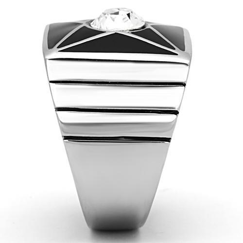 Men's stainless steel ring with clear synthetic crystal, high-polished finish, elegant design.