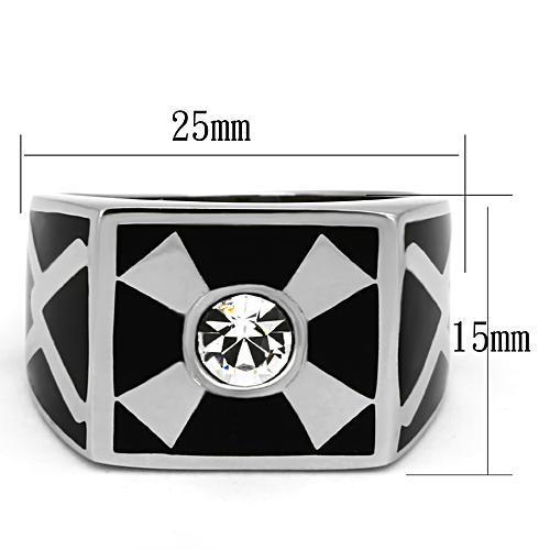 Men's stainless steel ring with clear synthetic crystal, high-polished finish, elegant design.